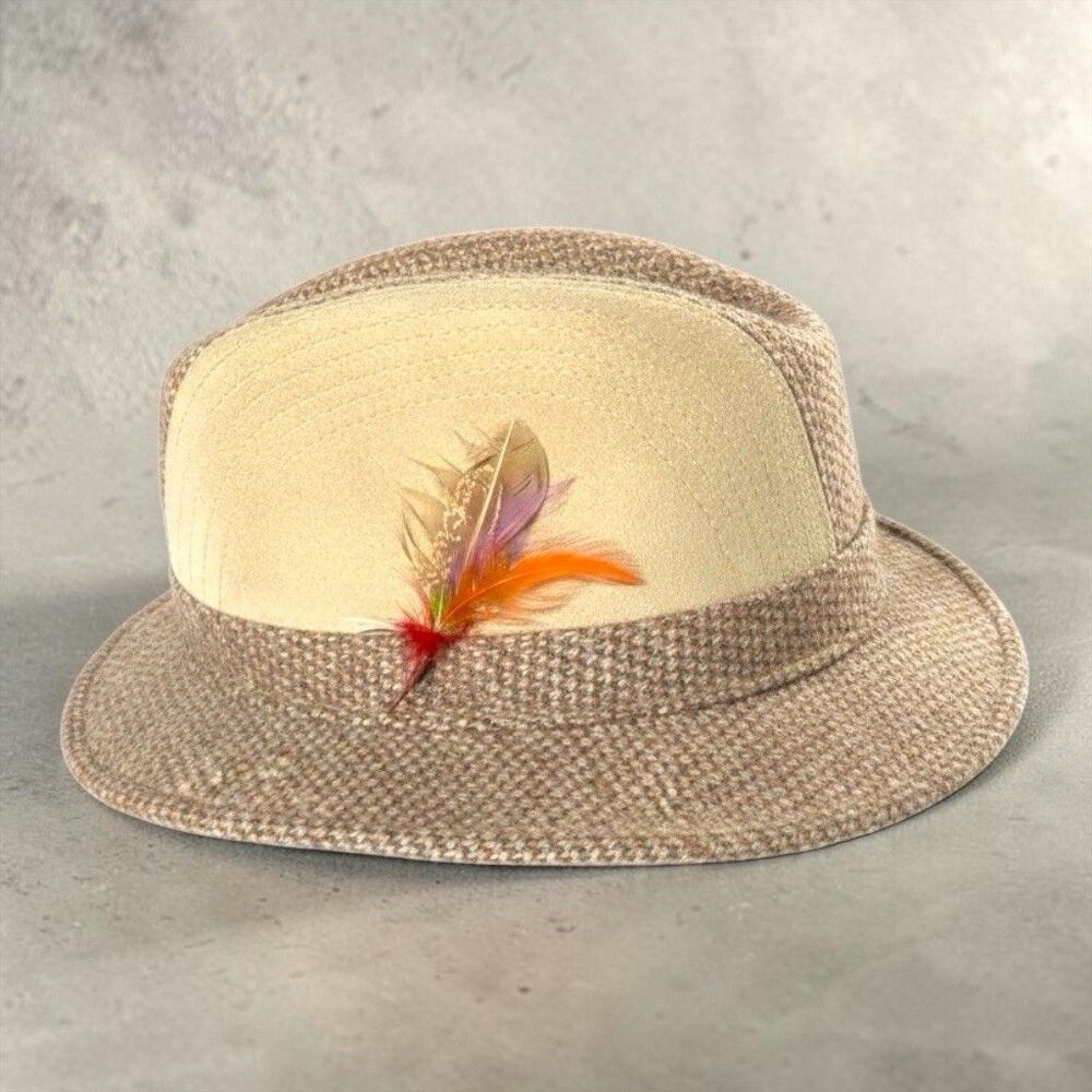 Vtg Henschel Fine Hatters Fedora Hat XL Suede Tweed Trilby Feather Made in USA